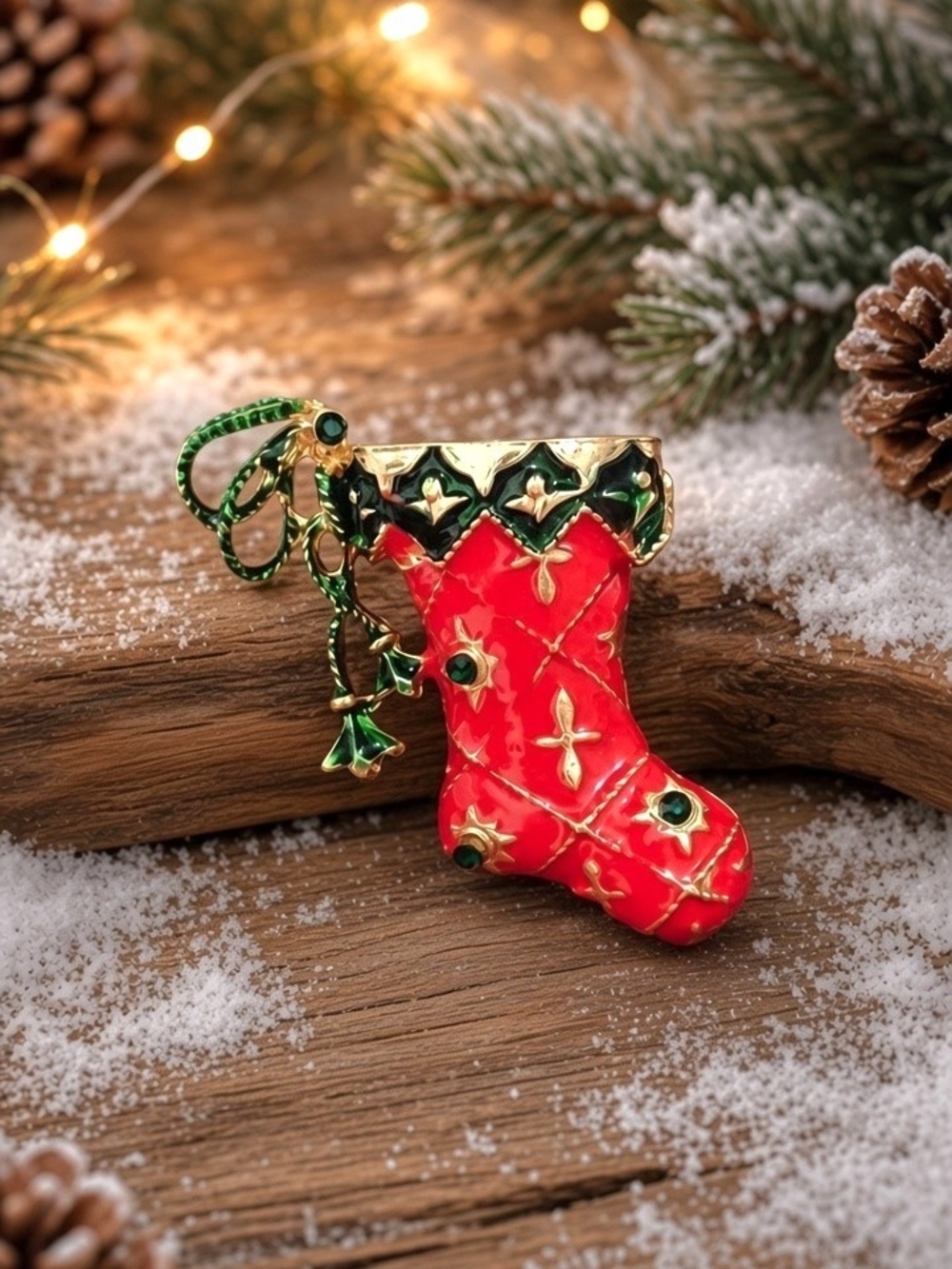 Festive Red Christmas Stocking Brooch with Green and Gold Accents